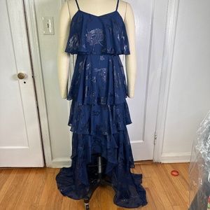 COPY - Ocean blue designer high-low sleeveless Silk maxi gown